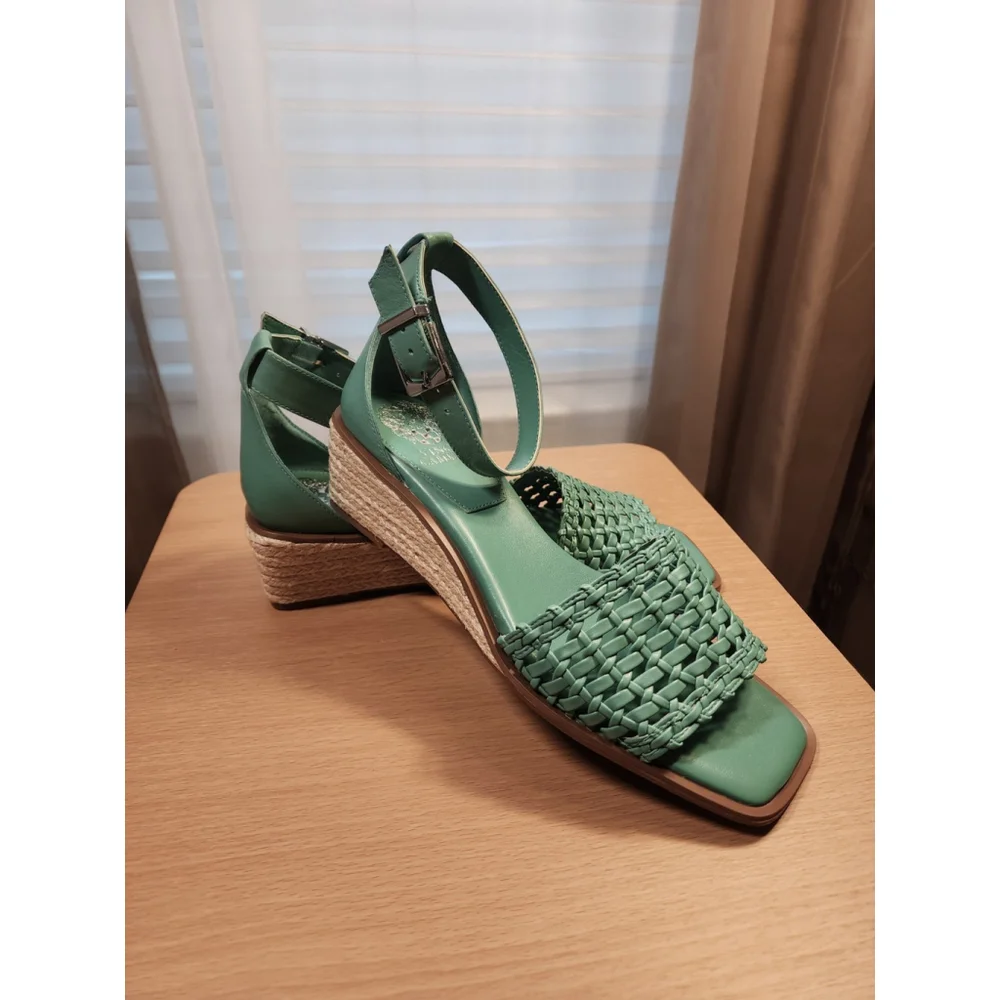 Vince Camuto OCEANA GREEN Leather Net Low Ankle Strap Espadrille Wedge SZ 9 Wide